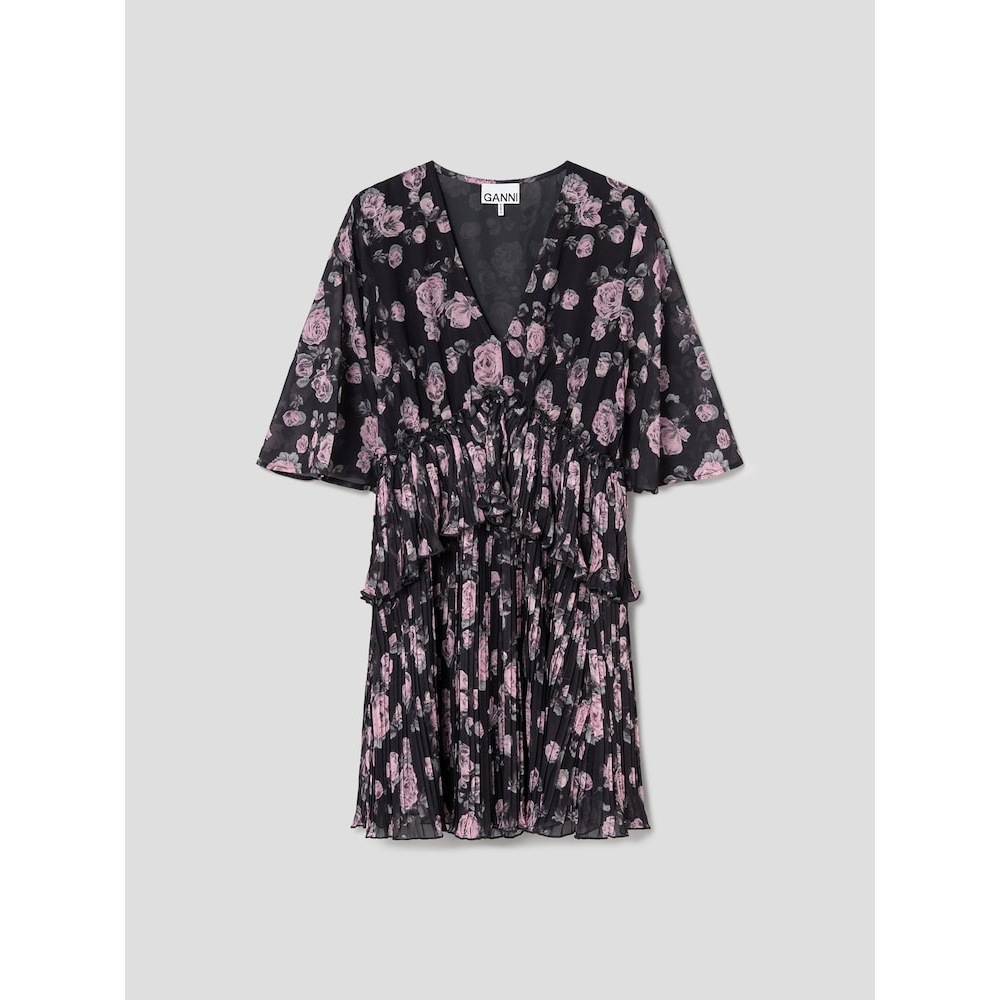 GANNI プリーツジョーゼット Vネックフラウンスミニドレス-アッシュ FW24-QN4971R024