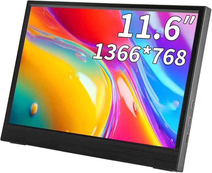 11.6インモバイルモニターIPS小型ディスプレイ 1366x768 防眩光 薄型 軽量USB Type-C HDMIサブモニター スピーカー内蔵Rasp(ブラック, 11.6)