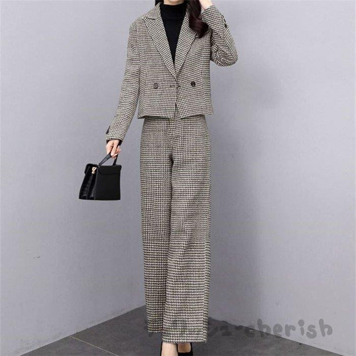 ２件購入でさらに2０0円OFFセットアップ パンツスーツ レディース ワイドパンツ 2点セット 長袖 チェック柄 千鳥柄 ボタン ビジネス オフィス 洋服 入学式 卒業式 20代 30代 40代 秋冬