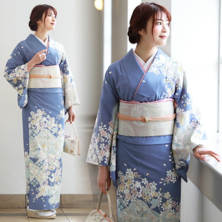 レンタル 訪問着 レンタル 19点フルコーディネートレンタルセット青地に七宝と桜結婚式 入学式 七五三 ママ レトロ モダン 30代 40代 50代