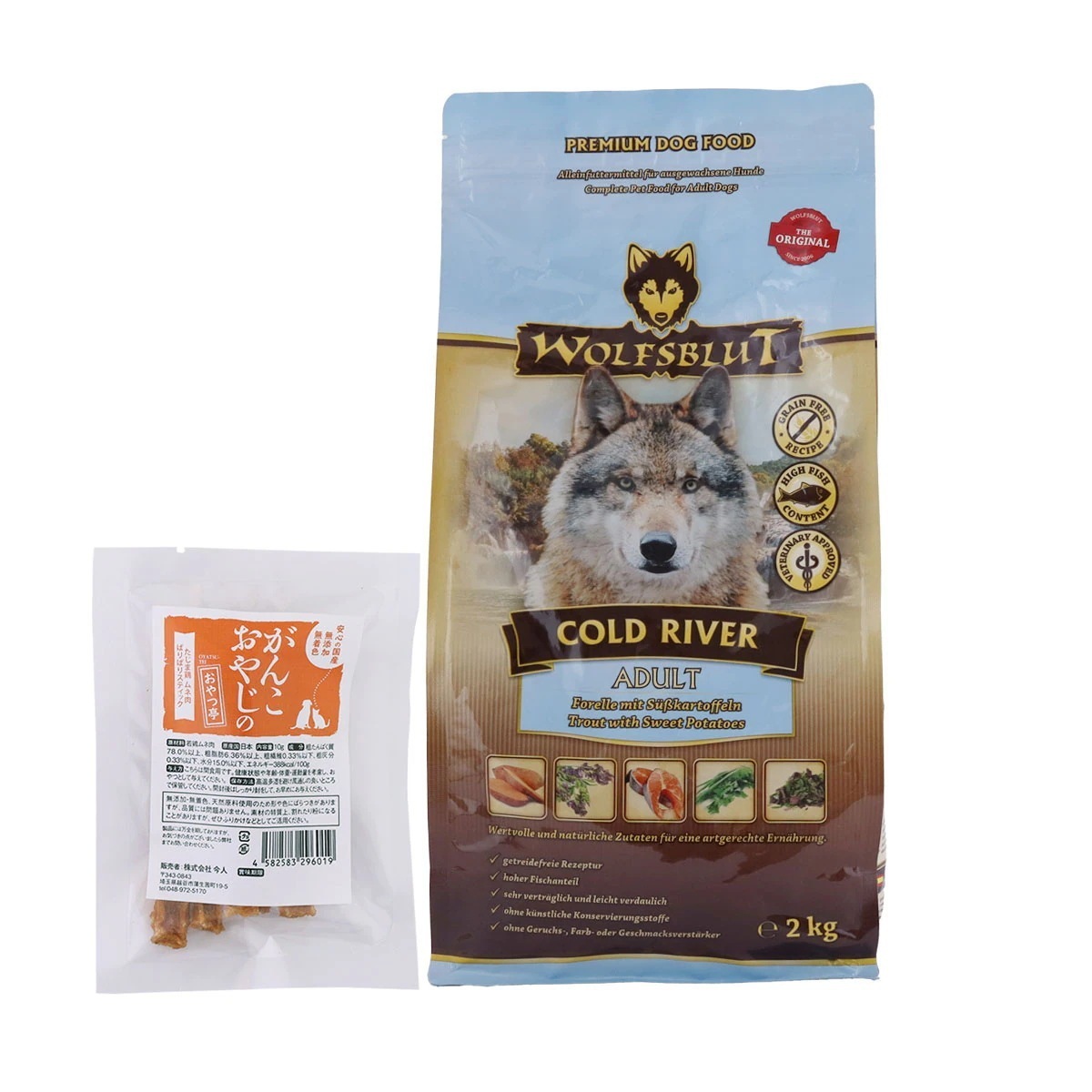 ウルフブラット アダルト コールドリバー（マスとスイートポテト）2kg【国産たじま鶏ジャーキー(小サイズ)付き】