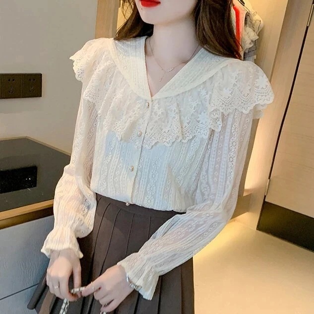 【急速出荷!】トップス シャツ 袖あり 長袖 フレアスリーブ Vネック 襟付きレース レディース 個性的 前開き 透け感 シースルー 薄手 大人 可愛い きれいめ おしゃれ エキゾチック 10代 代