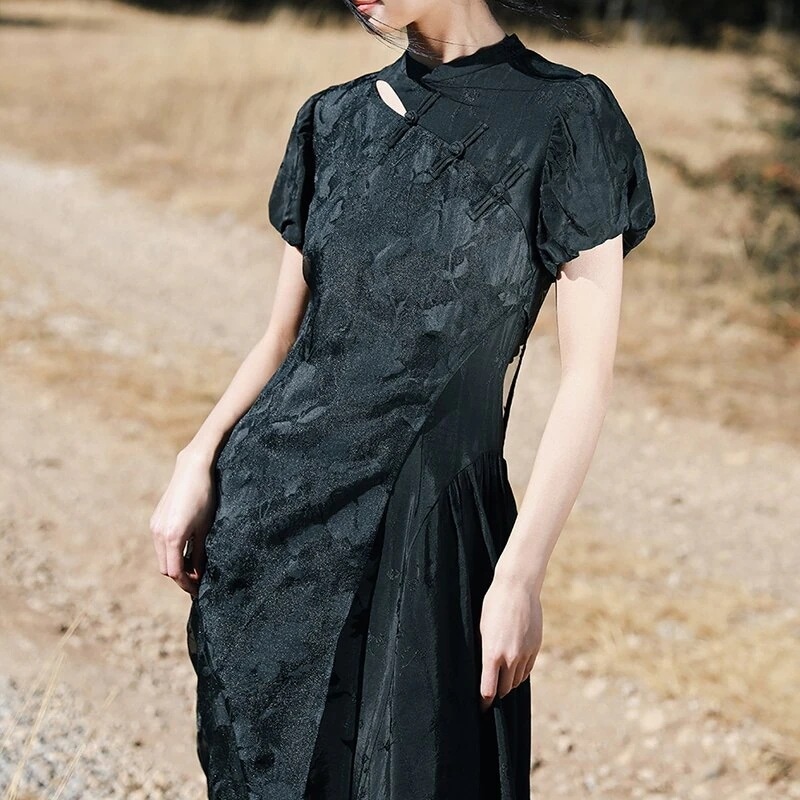 チャイナドレス ロング 半袖 切り替えワンピース レトロ チャイナ風ワンピース 黒 パフスリーブ 卒業式