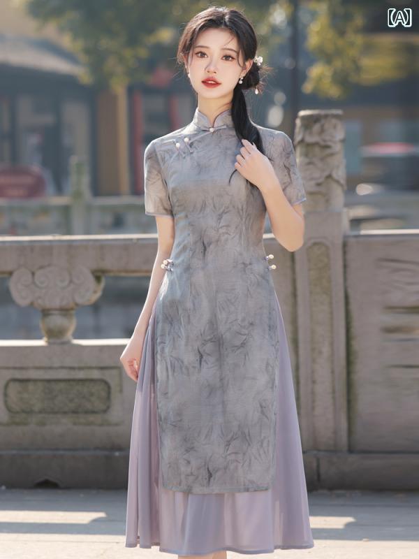 アオザイ チャイナドレス 夏 レディース ワンピース エレガント 若々しい 低スリット グレー