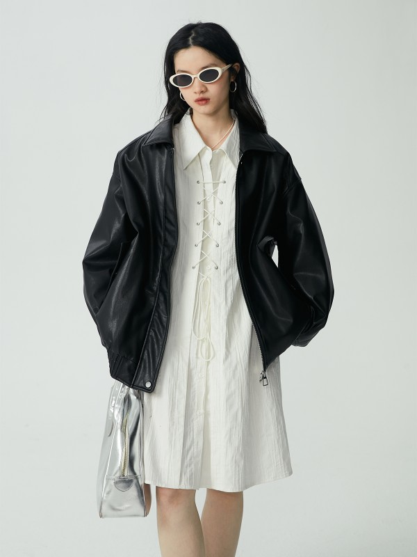 オモント エッグタルト ブラウン レザージャケット レディース 新作 レトロ ゆったり バイク ショートジャケット レディース 春秋