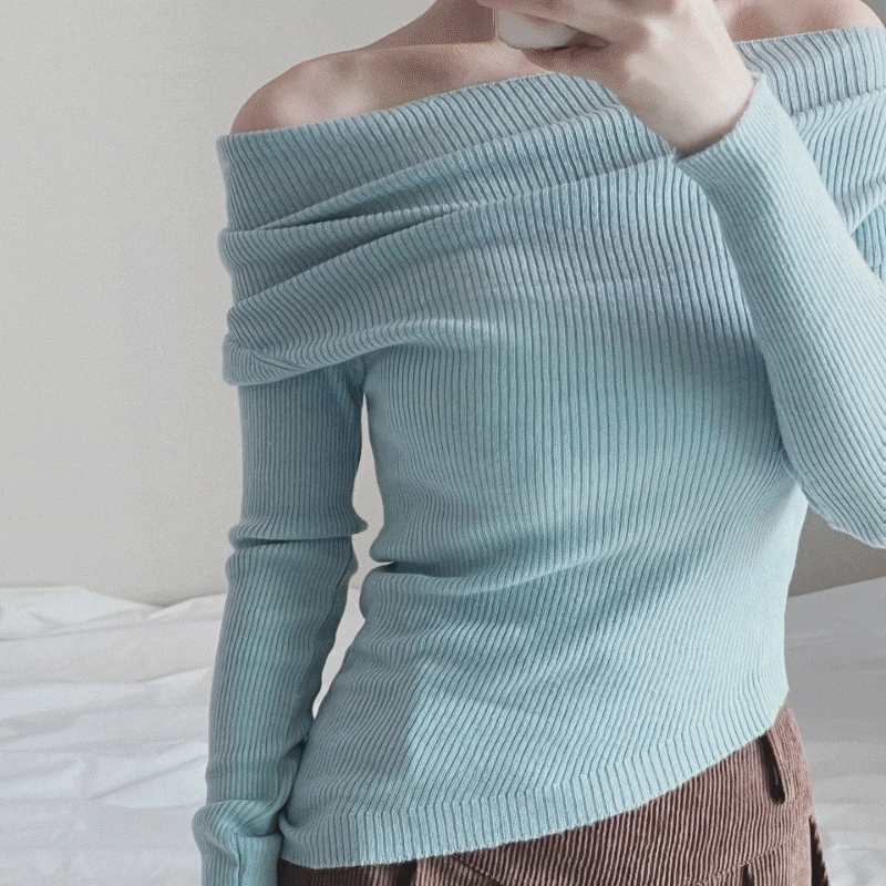 [韓国スタイル] スリムなリブオフショルダーニット