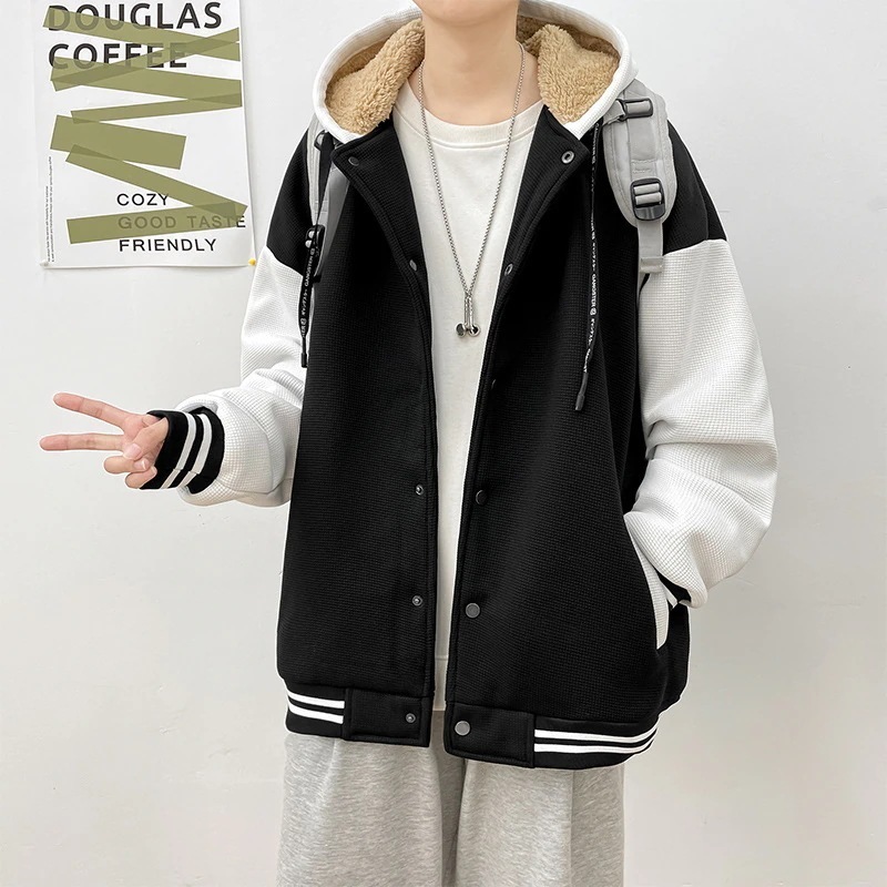 作登場メンズフード付き裏起毛ジップパーカースカジャン風ジャケット裏フリース暖か配色厚裾リブ袖口リブボタンアウター