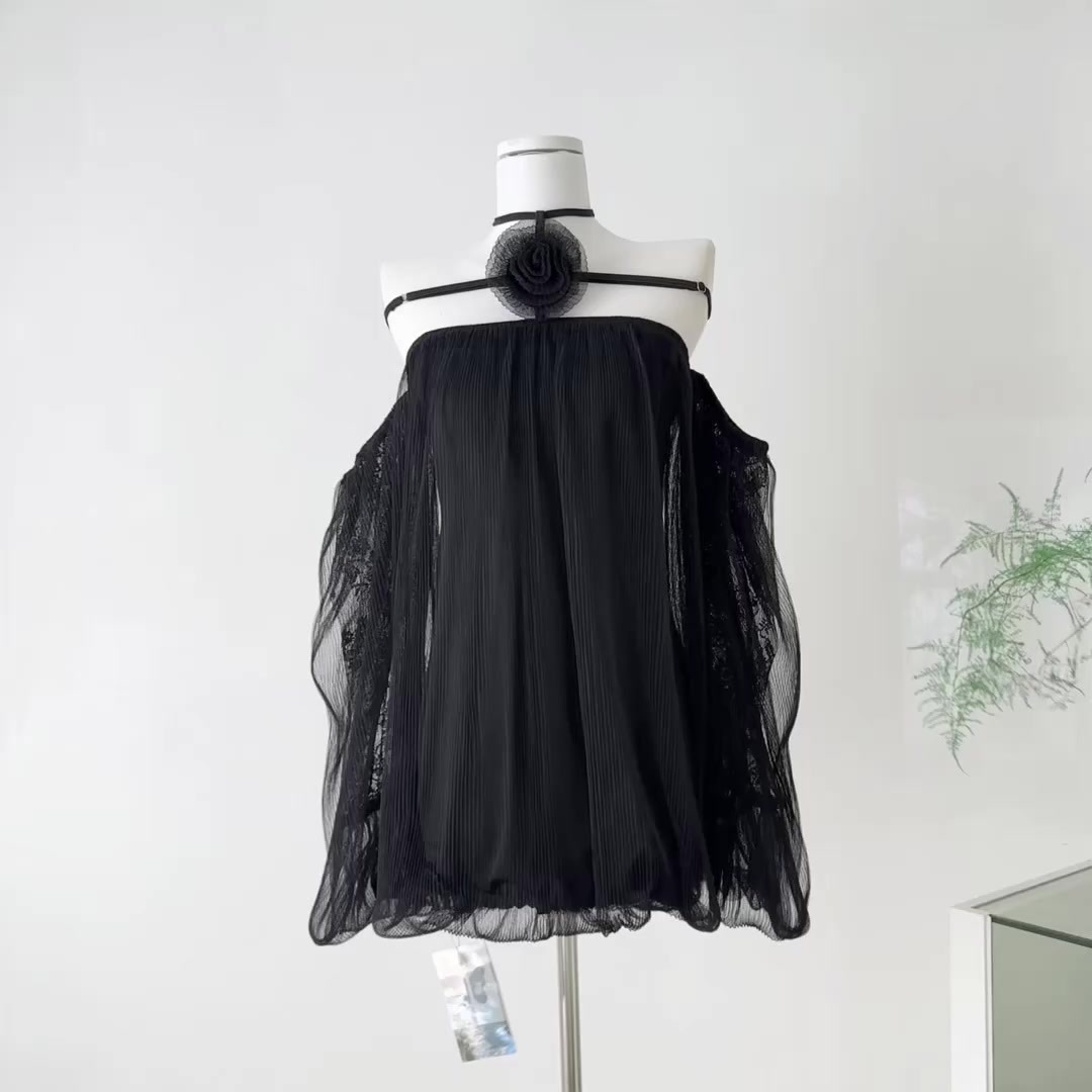 【急速出荷】*ベトナム*立体花一字肩ゆったりワンピース網糸ポンポンスカート花のつぼみスカート女