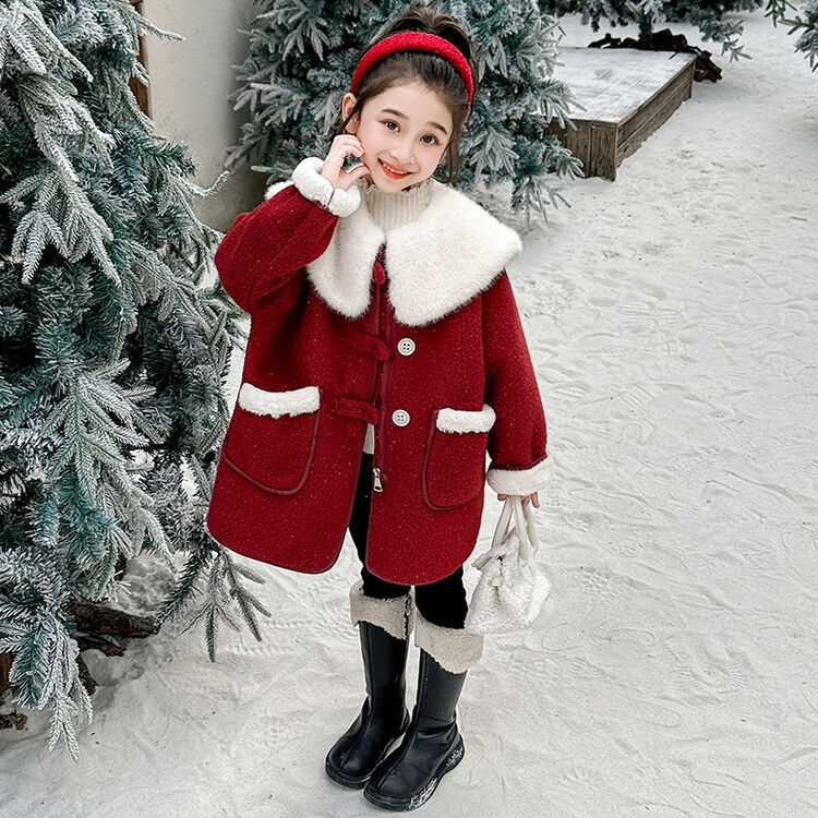 女の子ウールコート 2024年秋冬新作 子供ベルベット厚手コート 女の子お正月服 洋風正月服