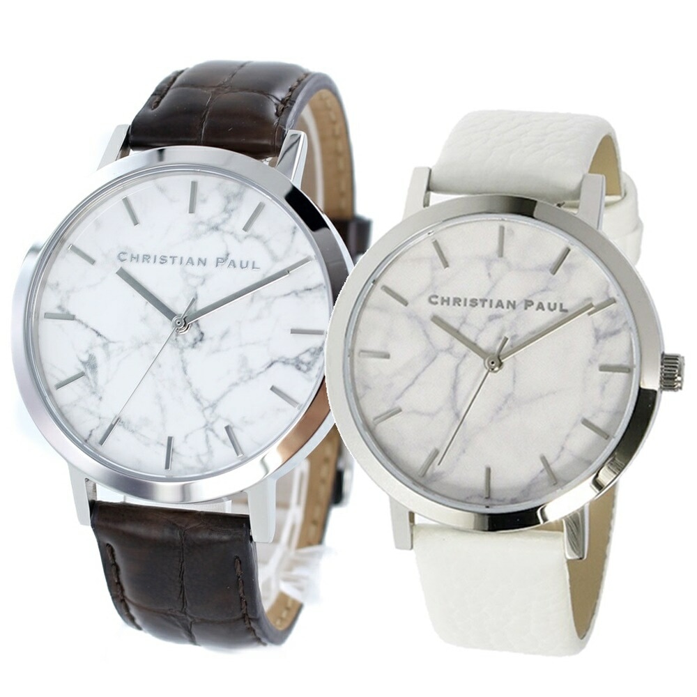 クリスチャンポール 時計 メンズ レディース ペアウォッチ 43mm 35mm ホワイトマーブル 大理石柄 ブラウン ホワイト レザー MWS4327MRL-03 カップル 男女 ペアセット 誕生日ギ