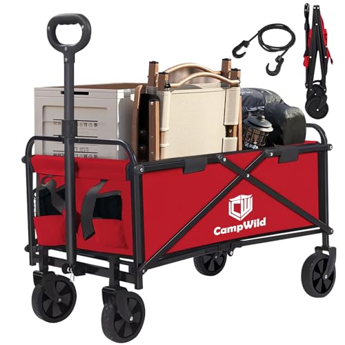 CampWild キャリーワゴン 折りたたみ式キャリーカート アウトドアキャンプカート ワイドタイヤ搭載 大容量120L 耐荷重100kg 自立式収納 BBQ 釣り キャンプ 運動会用などに最適 (赤
