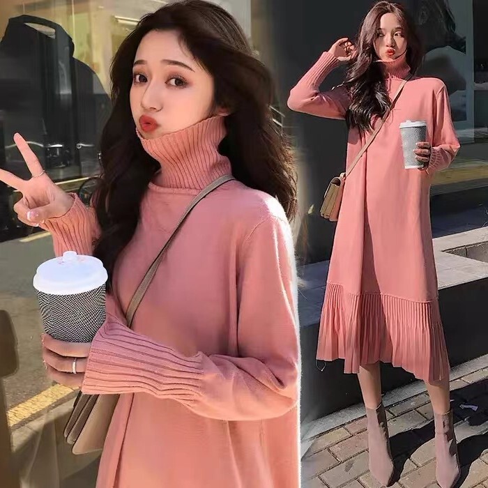 消しプリーツ切替え ニットワンピ ワンピース 膝下丈 ミモレ丈 ミディアム丈 Aライン 長袖 ドロップショルダー ロングカフス ハイネック タートルネック ニット 切り替えデザイン 伸縮性 かわいい