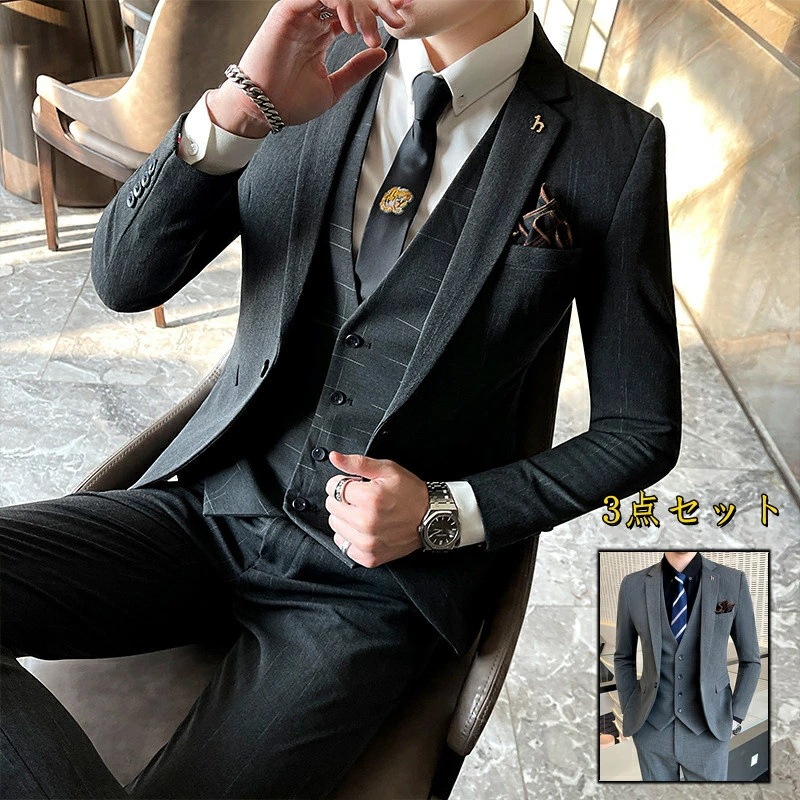 3ピーススーツ メンズ 1つボタン フォマールスーツ セットアップ 細身 卒業式 通勤 入学式 秋 スリーピース スーツ メンズ ビジネススーツ セットアップ 3ピーススーツ ジャケット+ベスト+パン