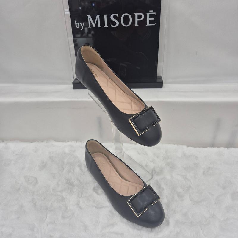 By 女性 スクエア装飾 フラットシューズ 112HT435FS005 BLACK 1 JJ