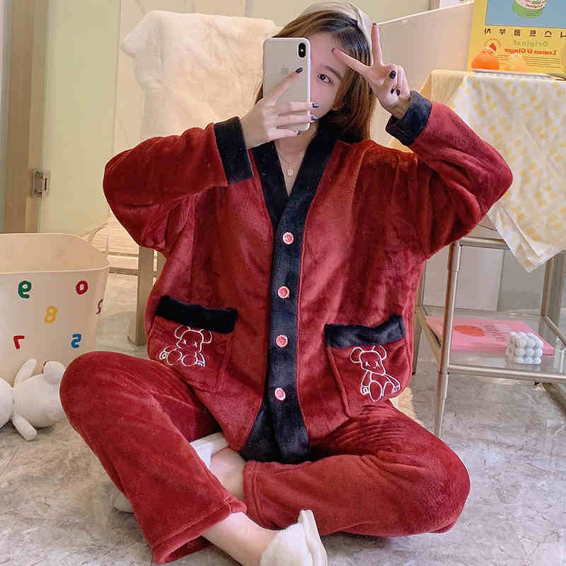 パジャマ レディース セットアップ 長袖 パンツ ルームウェア 部屋着 Vネック もこもこ ふわふわ ポケット 前開き ボタン かわいい ゆったり 暖かい 白 黒 赤 緑 茶色 M L XL 2XL