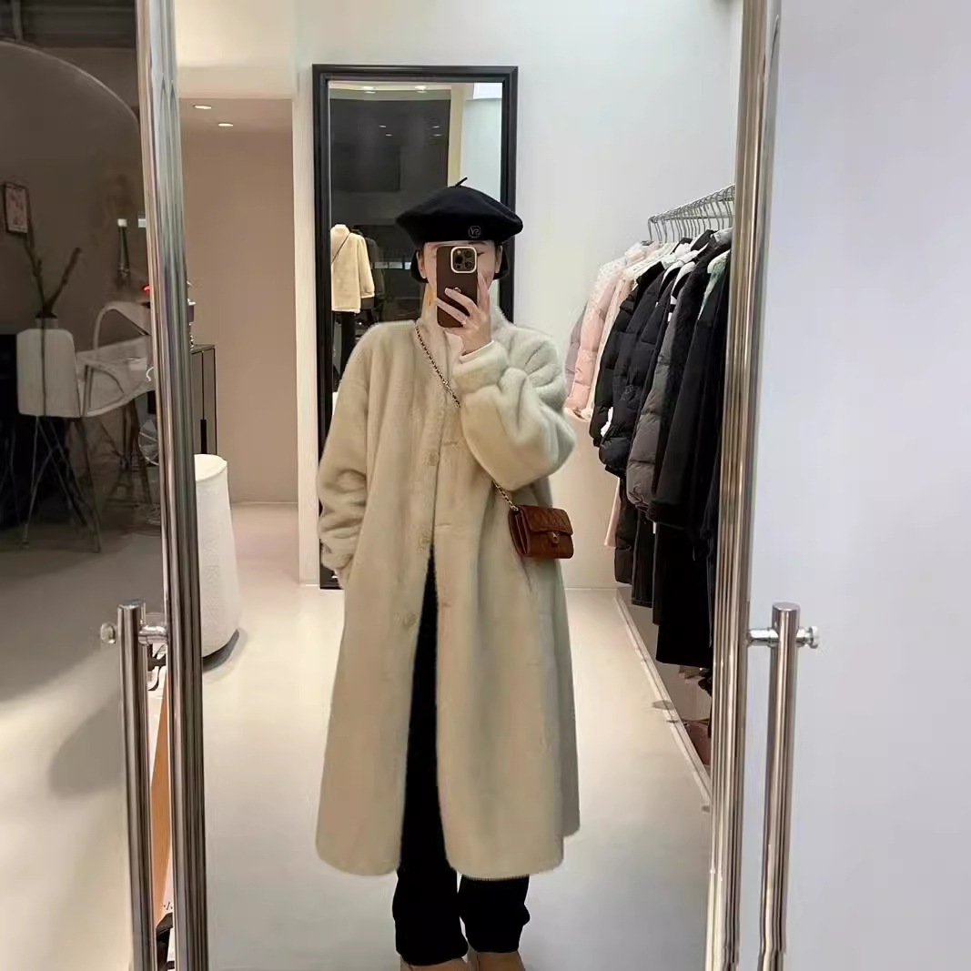 2024秋冬新作ミンクファーVネックカーディガンファーオールインワンロングエコファーコート