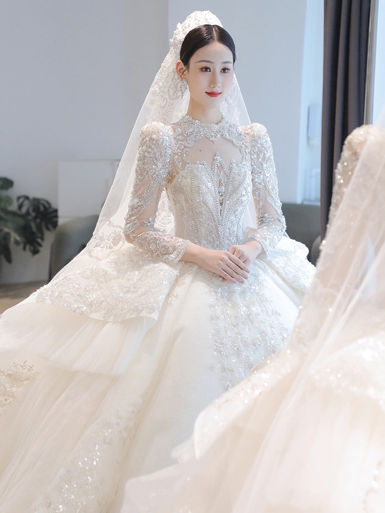 ロングトレーン付き長袖ウェディングドレス2025高品質の質感レトロ頑丈女性用豪華なブライダルメインドレス大きいサイズ