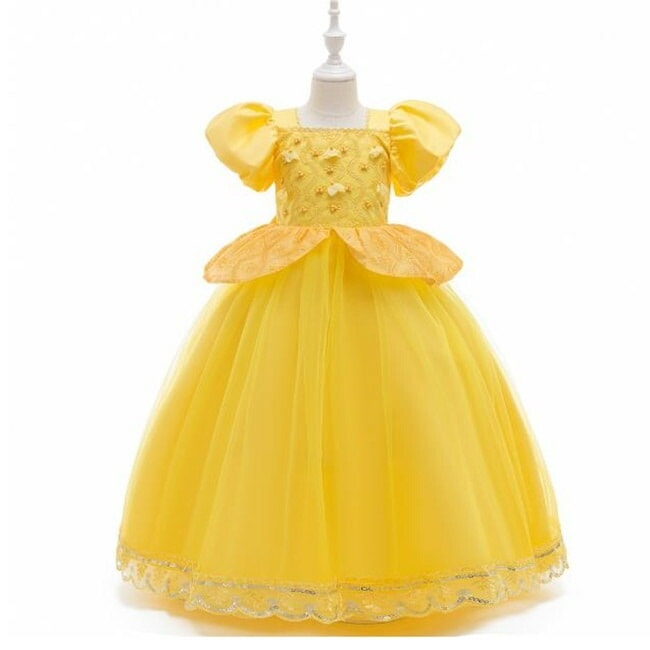 イエロー110-150cm マキシ丈ロング丈　ロングドレス　スカート　半袖 袖なし キッズドレス　子供ドレス ワンピース　子供ワンピース　ワンピ　　女の子　ジュニア　ピアノ発表会　パーティー　七五 0