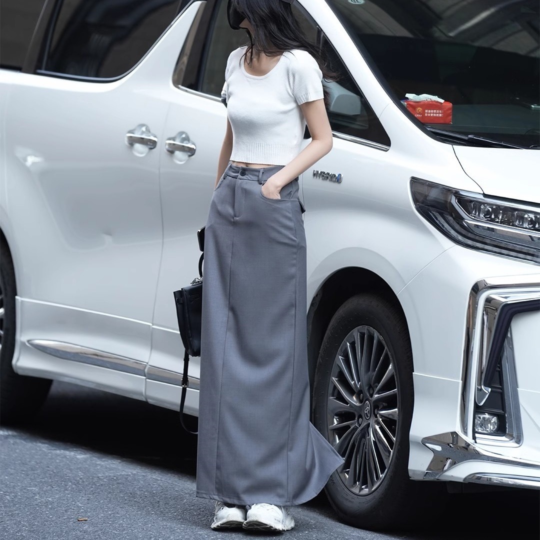 レディース スカート スキニースカート ロング タイト スリム 細身 ストレート Iライン バックコンシャス ファスナー ポケット ボタン 大人可愛い シンプル 無地 デート お出かけ お泊まり