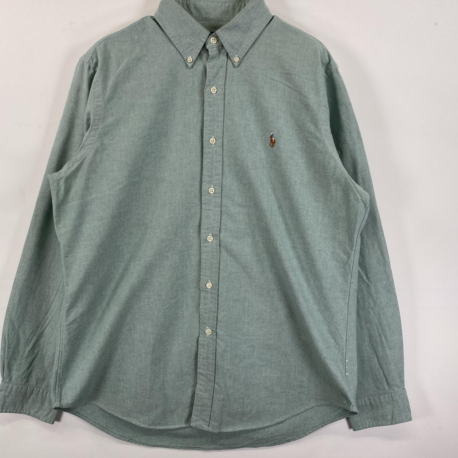 古着 長袖シャツ ボタンダウン ロゴ刺繍 ワンポイント L グリーン 無地 メンズ