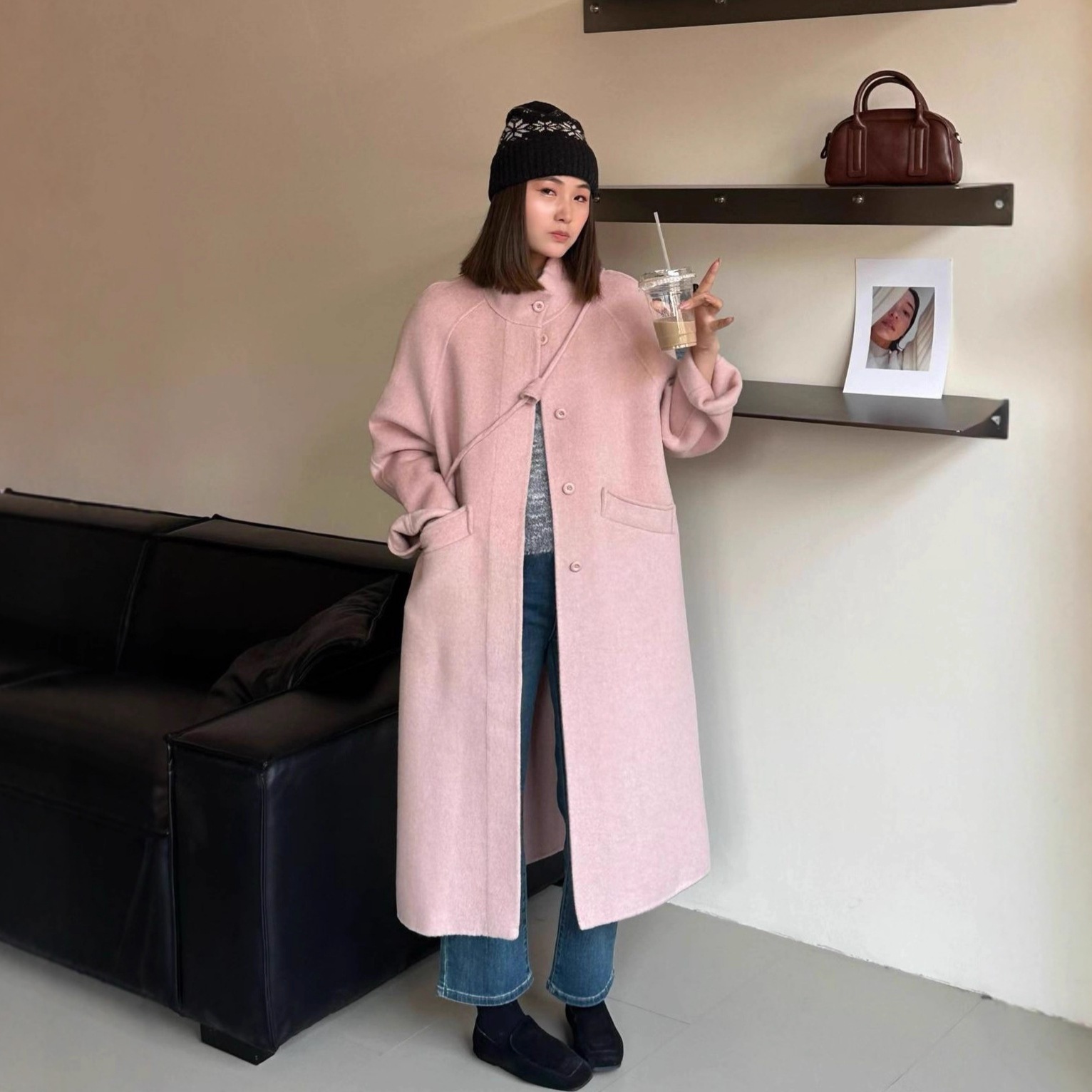 2025年秋冬 餃子袋 両面ウールコート レディース スタンドカラー ロング丈 ゆったり 厚手 暖かい カシミヤウール 韓国風 アウター