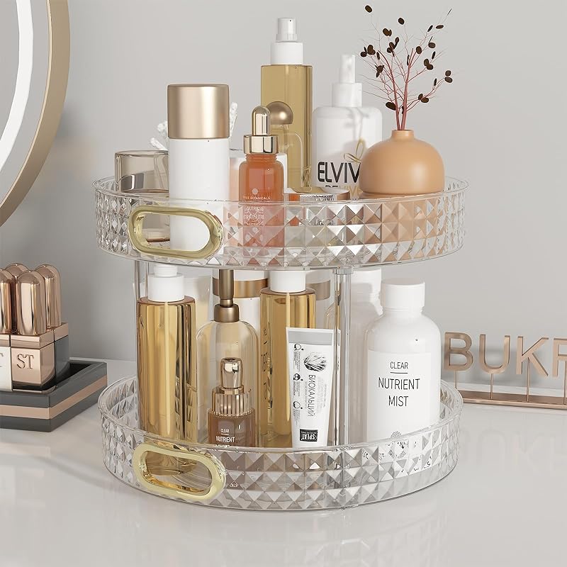 メイクボックス 大容量 360度 回転式 化粧品収納ボックス 透明 おしゃれ 可愛い コスメボックス 化粧台 洗面所 収納ボックス 整理簡単 多機能コスメ収納(27cm2層 透明色)