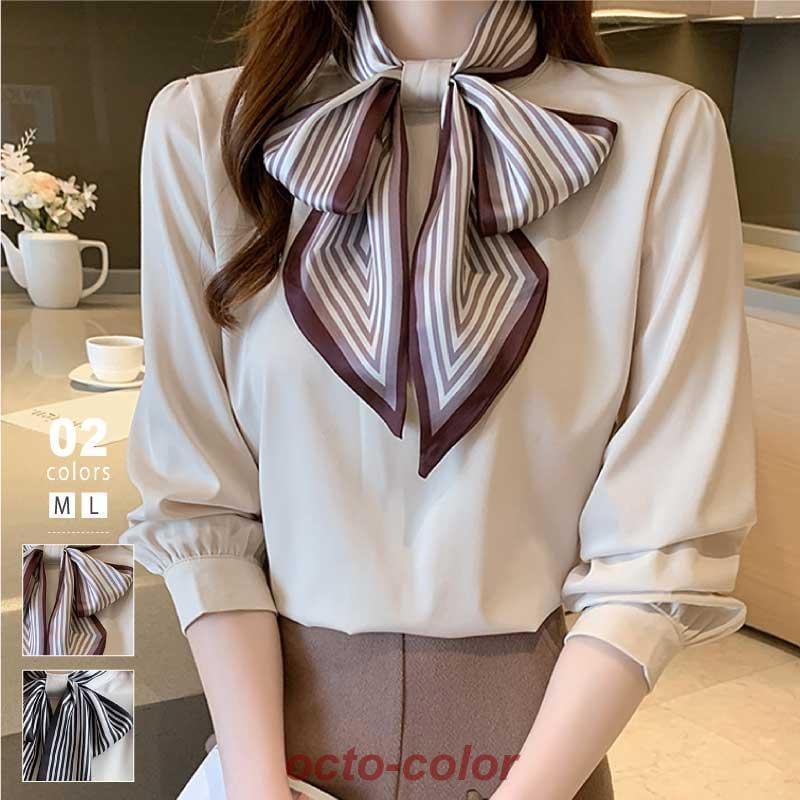 ボウタイブラウスリボンレディース長袖ボウタイブラウス立ち襟シフォンシャツブラウストップス柄華やかリボンタイオフィスカジュアルレトロ