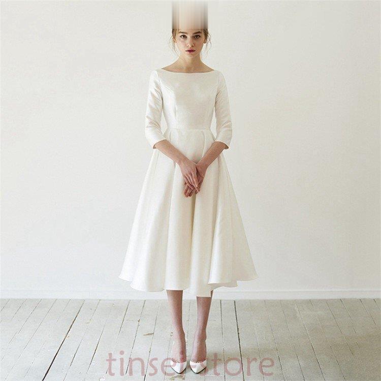 パーティードレス 袖あり 結婚式 ワンピース ドレス サテン aラインミディアム丈 ミモレ丈 フォーマル 白 フレア 大きいサイズ コーデ お呼ばれ 二次会 発表会