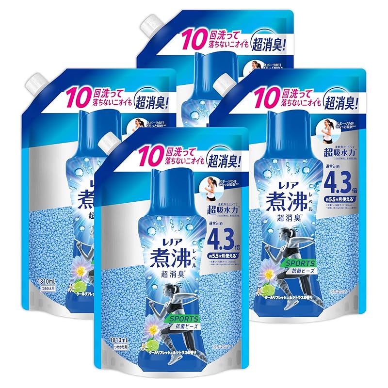 【即納】レノア 煮沸レベル消臭 抗菌ビーズ SPORTS クールリフレッシュ&シトラス 詰め替え 1,810mL×4袋 [大容量] [ケース品] 柔軟剤と一緒に使って効果長続き