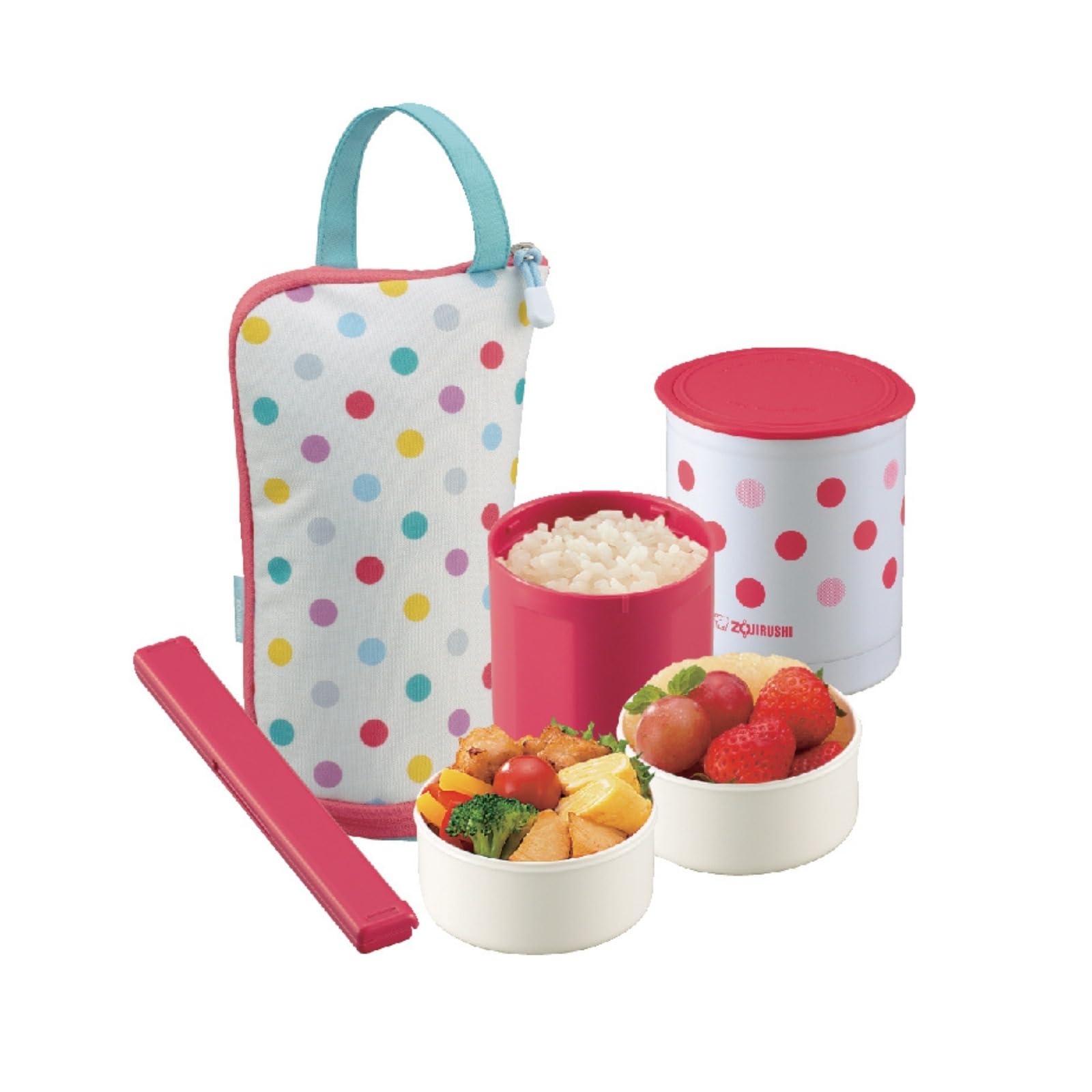 象印マホービン(ZOJIRUSHI) ステンレス フード ジャー 保温 弁当箱 箸 & ランチ バッグ 付き 電子レンジ 対応 ごはん容器 0.24L おかず容器 0.19L × 2 個 マルチドット