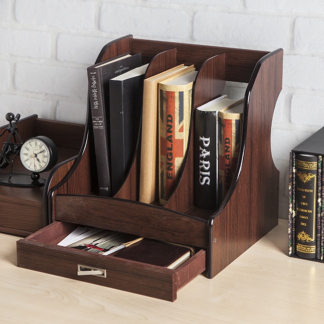 （S-1）木製デスクオーガナイザー3つのコンパートメントと引き出しドキュメント＆ファイルラック
