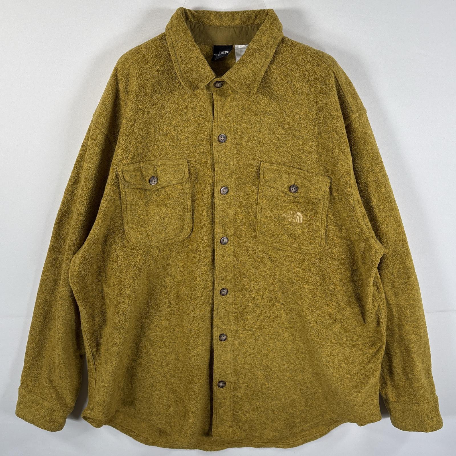 古着 長袖 フリースシャツ ワンポイント刺繍ロゴ フラットポケット ボタンフライ L イエロー系 メンズ