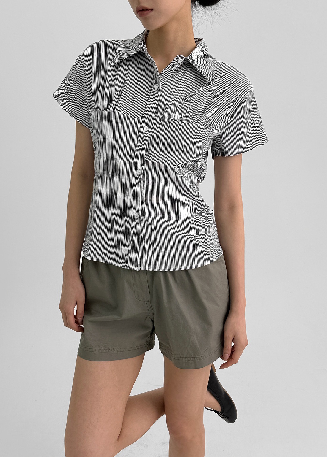 キンベルリンクルストライプ半袖シャツ