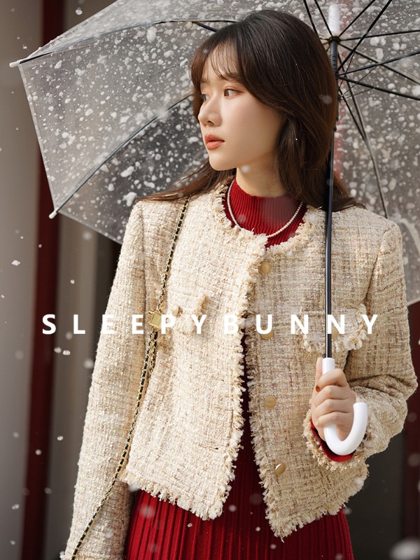 スリーピーラビット「千金毛皮」ダウンツイード小シャネル風気質暖かいラウンドネックショートコートレディース冬