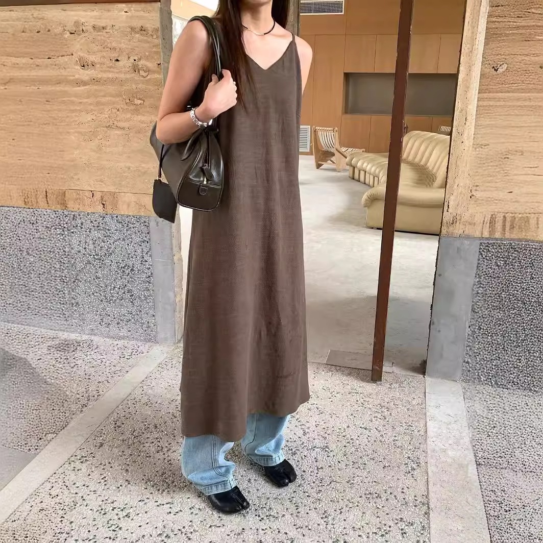 Wensen オンライン韓国スタイルの高級コットンとリネンのルーズサスペンダードレスレディースレイヤードロングスカートレディース 90878