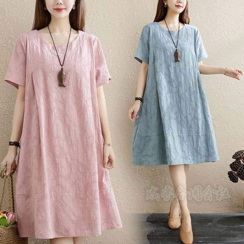メーカー直販ママワンピース 半袖 レディース コットンリネン 麻 ひざ丈ワンピース ゆったり Aライン チュニック 体型カバー 女性 カジュアル 柔らか シンプル 通勤デイリー 5,241円