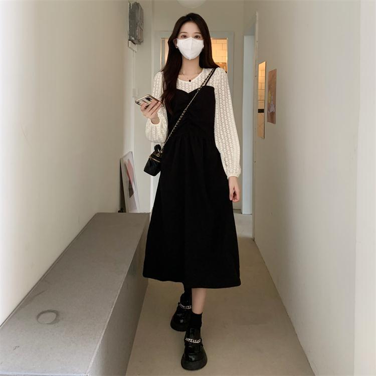 ワンピース 膝下 ミモレ ミモレ丈 袖あり 長袖 ロングスリーブ レイヤード風 重ね着風 フレア Aライン シースルー シアー 透け感 ポリエステル かわいい 大人可愛い シンプル カジュアル 大人