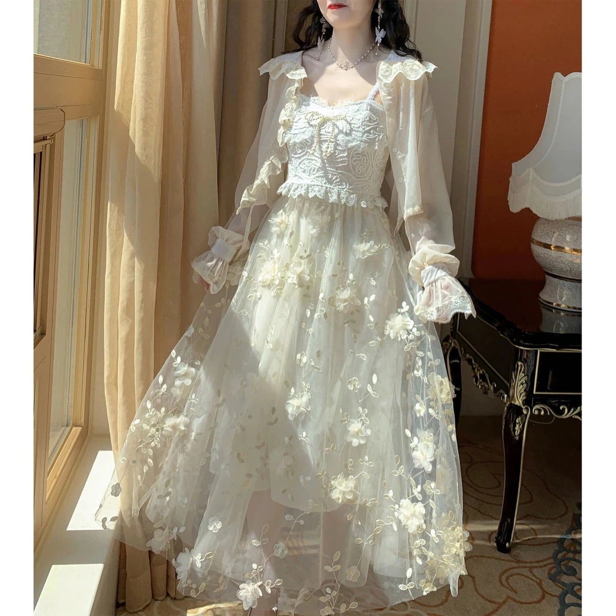 【期間限定特価】 ロリータ コスプレ ロリータ ワンピース 半身スカート+パールリボンキャミソール+レースパッチワーク日焼け止めカーディガン 3点セットサンタコスプレ