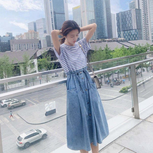 レディース ワンピース ロング 半袖 クルーネック 切り替え ドッキング ボタン ポケット ウォッシュ デニム かわいい 大人可愛い きれいめ カジュアル 上品 おしゃれ こなれ感 ラフ