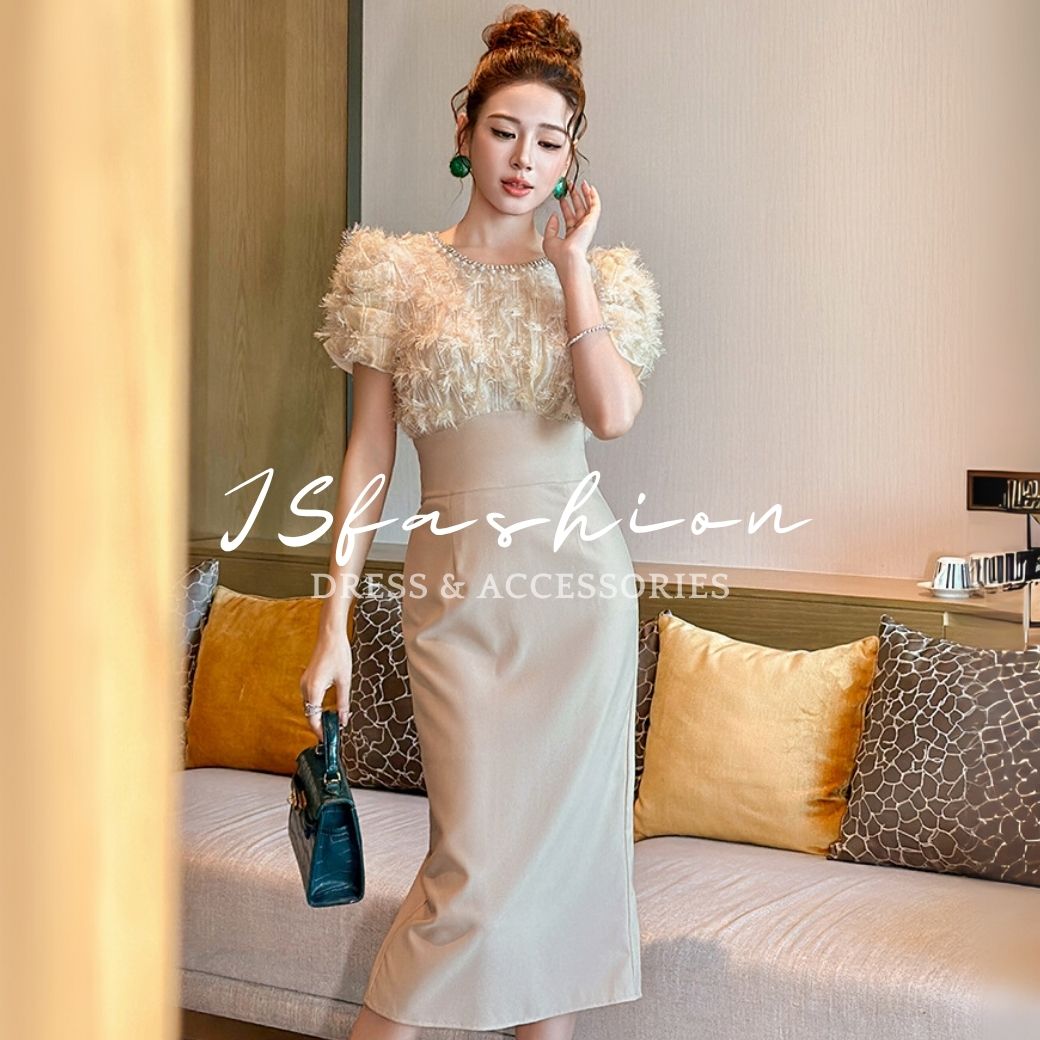 ドレスワンピース パーティードレス お呼ばれ ウェスト切替 スレンダーライン パール施し ラウンドネック 半袖 膝下丈 ミモレ丈 オケージョン きれいめ 上品 シャンパンベージュ 大きいサ