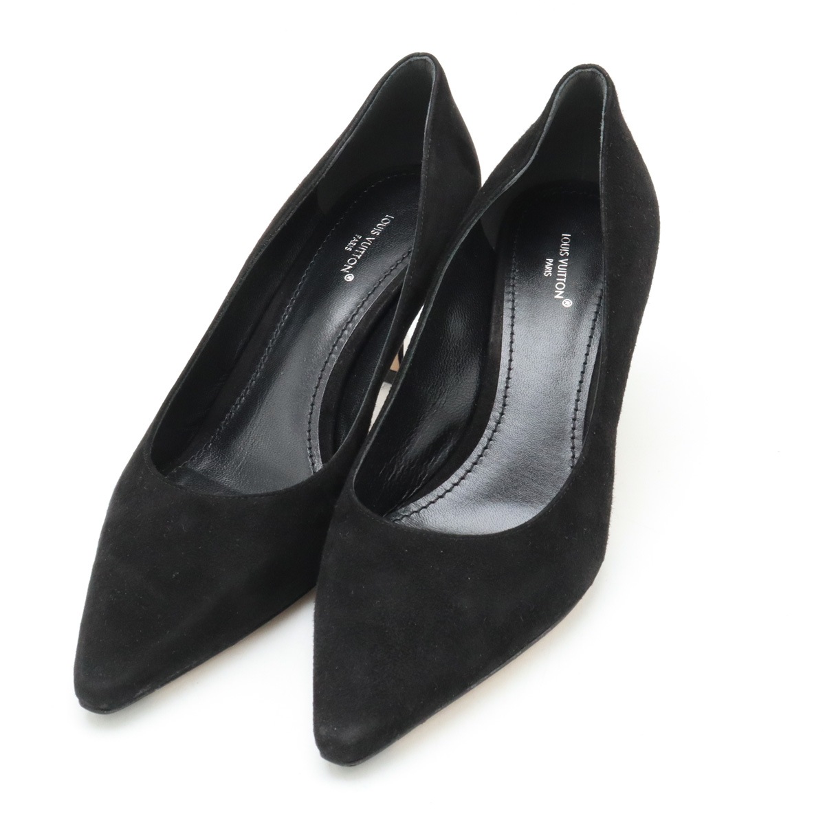 ポインテッドトゥ パンプス ロゴヒール スエード ブラック 黒 #38 日本サイズ約24.5c
