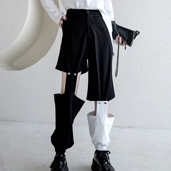 個性 不規則 デザイン 2WAY アシンメトリー リブパンツ 黒 お洒落