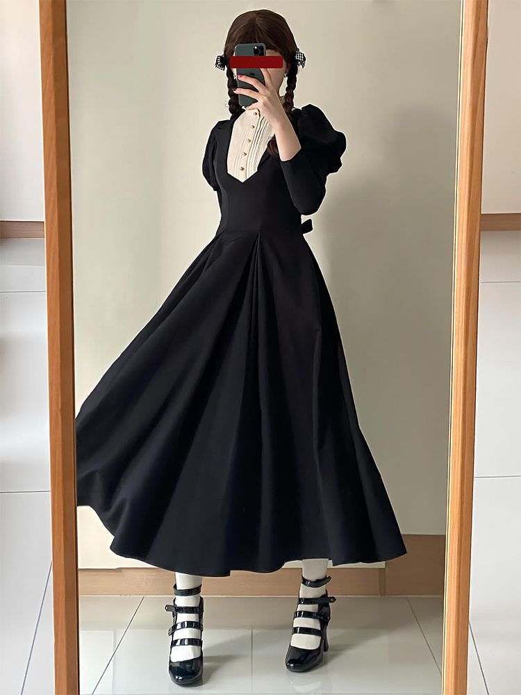 2026新作 ロリータ 修道院テイスト 長袖 ウエスト絞り スリムシルエット こだわりデザイン ワンピース