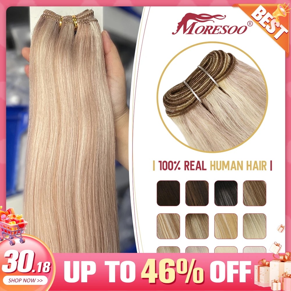 Moresoo-remyウィーブヘアエクステンションソフトストレート人毛二重横糸バンドルマシン100g