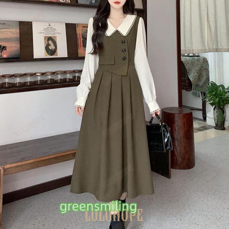 【送料無料】レイヤード風 ロングワンピース 長袖韓国