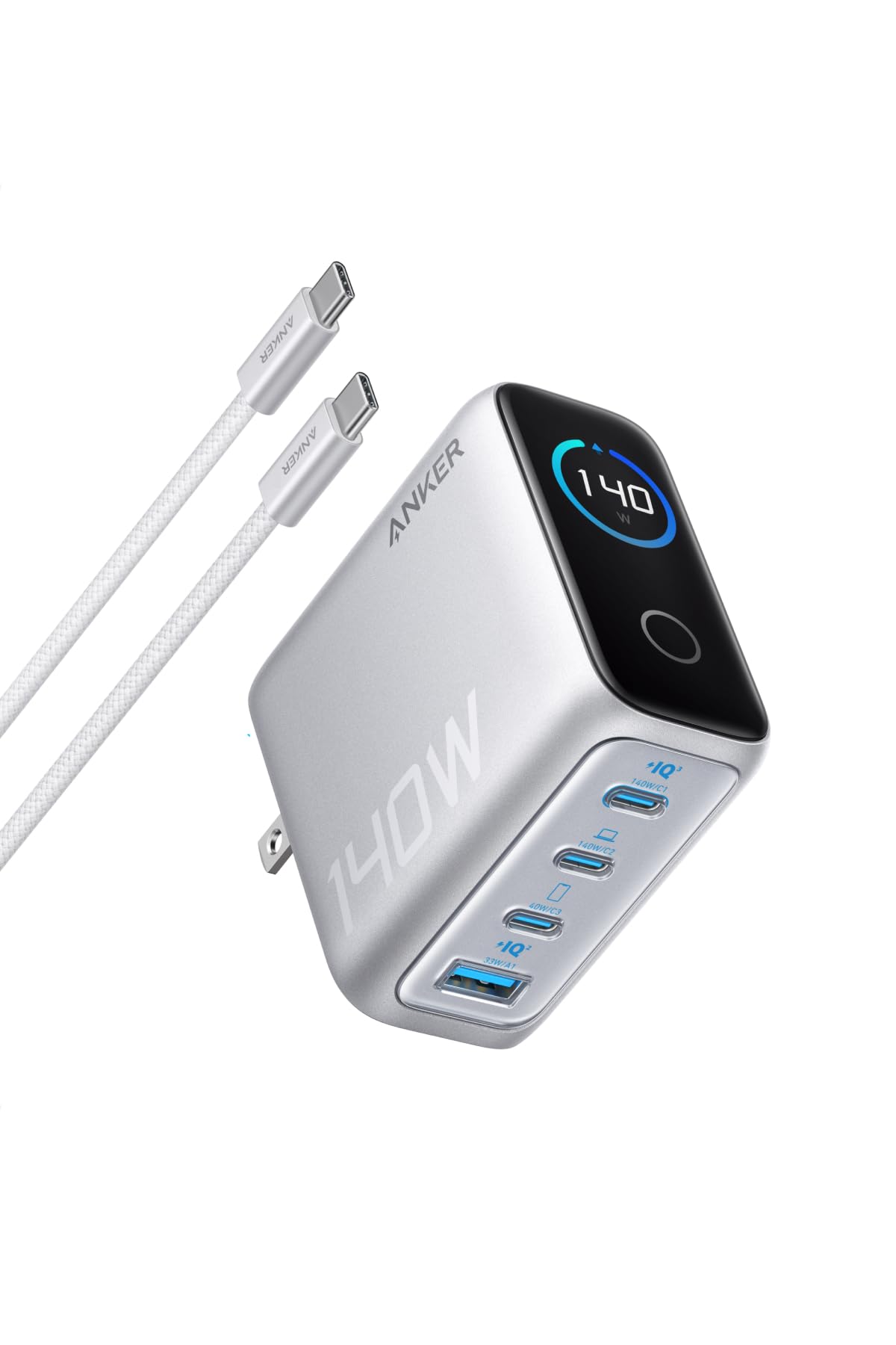 Anker Charger (140W, 4 Ports) with USB-C & USB-C ケーブル シルバー【PSE技術基準適合/折りたたみ式プラグ】MacBook PD対応Windows P