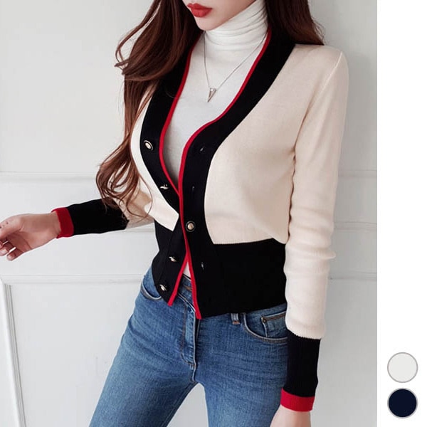 カーディガン レディース トップス ニット ショート丈 長袖 バイカラー 配色 シック スタイリッシュ 秋 冬 春 韓国 to21616