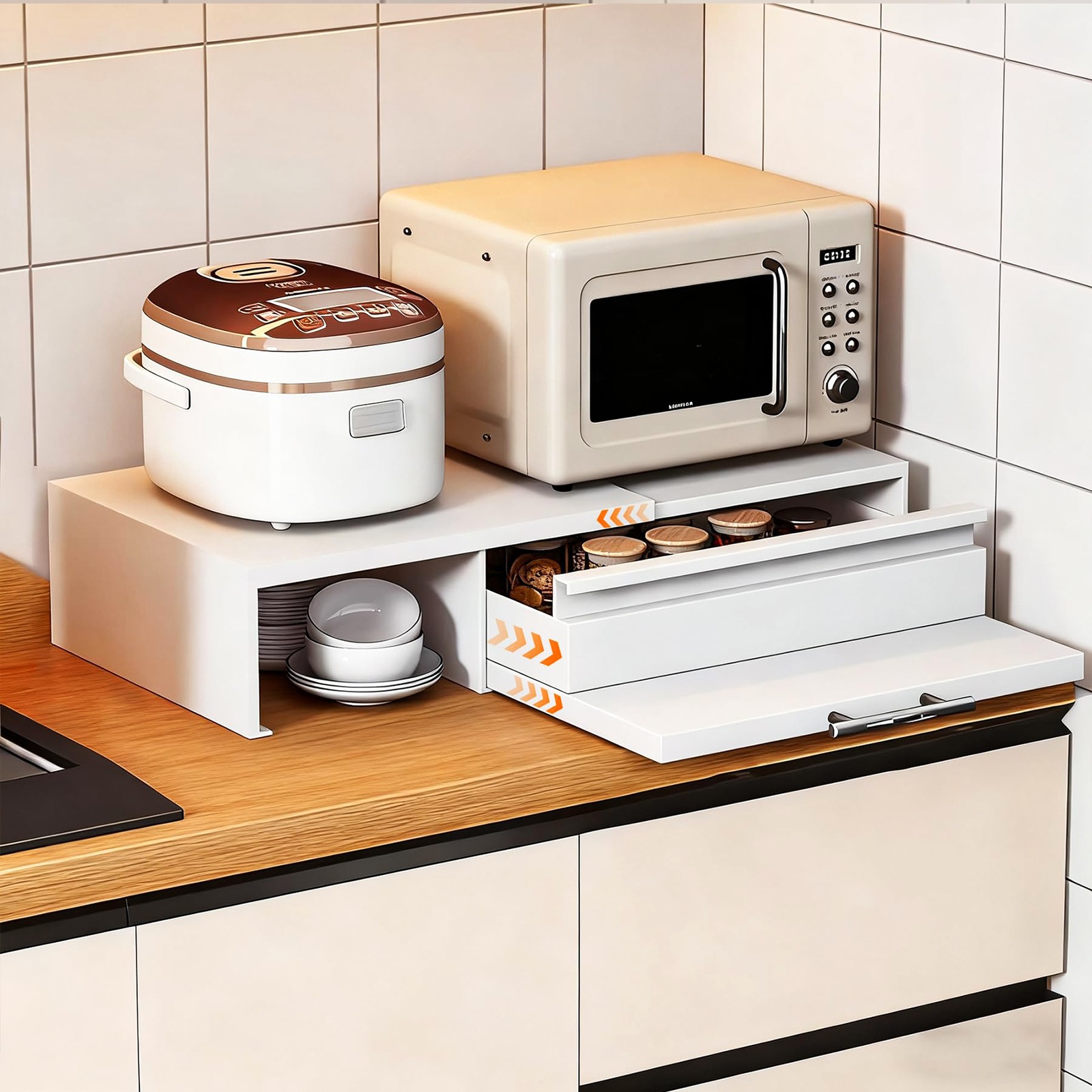 家電下収納 延長されたデザイン レンジ下収納 ツーウェイ キッチン 家電下 引き出し スライドテーブル スライド棚付き ワイドサイズ ちょい置きできる 日本語の取扱説明書付 (ホワイト)