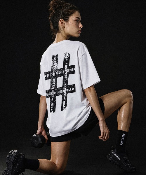 BEENTRILL ビンテージハッシュタグジャイアントフィットメッシュ半袖Tシャツ (ホワイト)