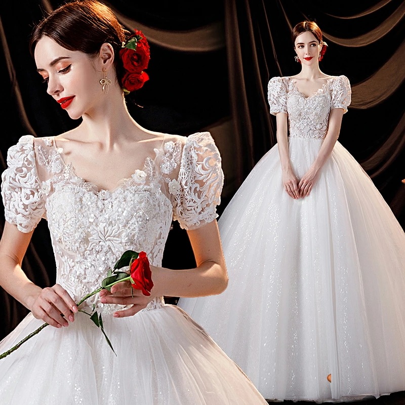 ウェディングドレス 大きいサイズ ロングドレス プリンセス 袖あり 半袖 スカート ラインドレス 海外拳式 パーティードレス ワンピース 無地 結婚式 披露宴 二次会 前撮りドレス お嫁さん フォーマ